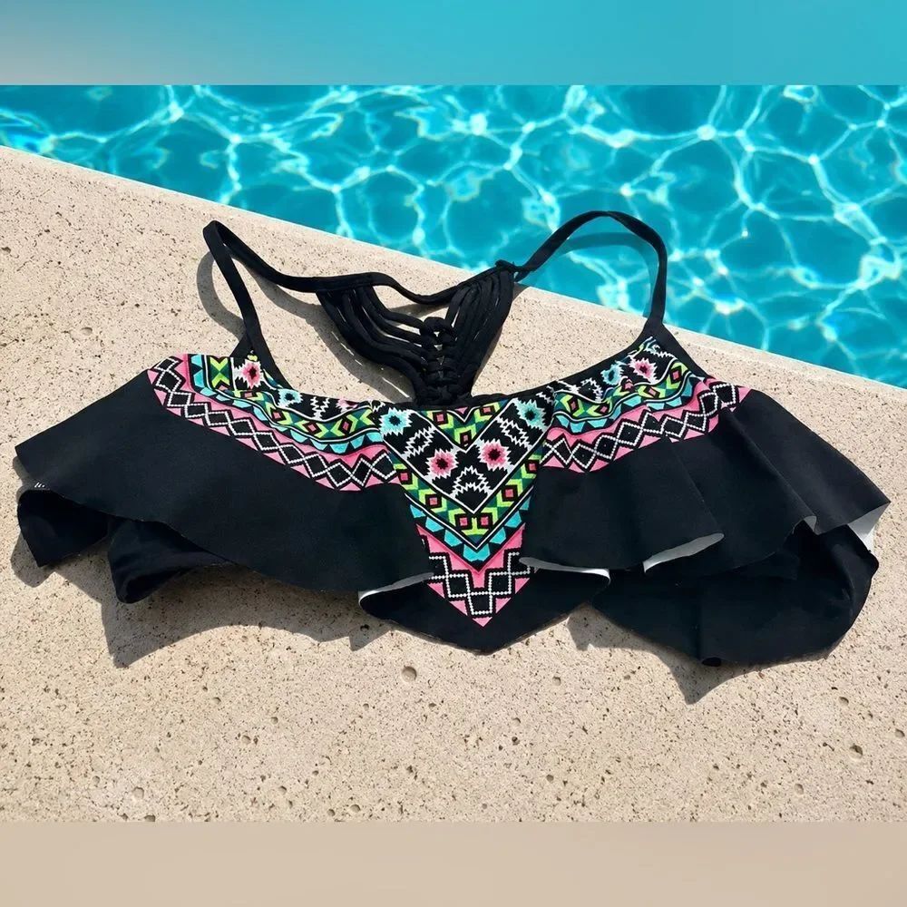 *California Waves* NWT Sz XL Black Handkerchief Bandeau Swim Bikini Top